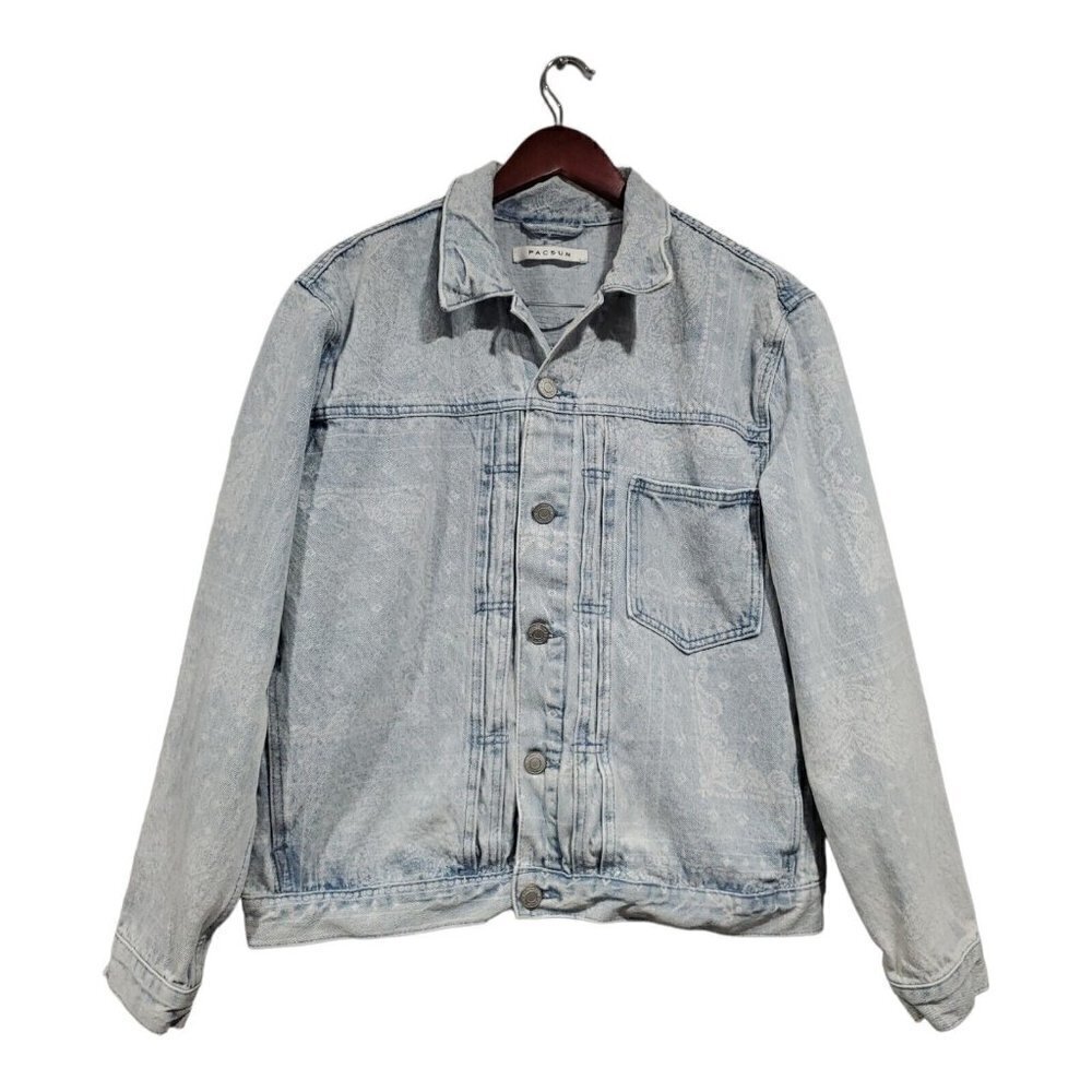 Pacsun Women's Denim Jean Jacket Light Wash Paisley Print Button Down Sz L